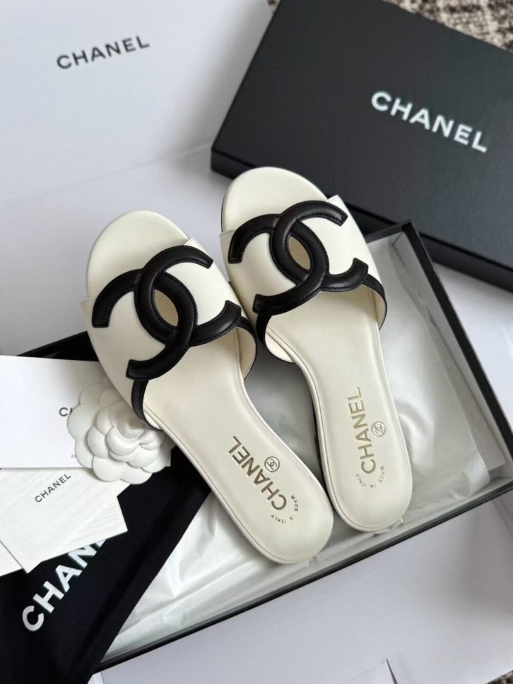 Chanel Two‑Tone CC Logo Flat Slide Sandals
